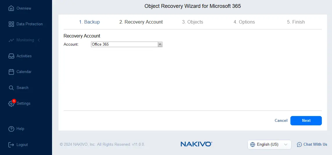 Selecting a Microsoft 365 account for recovery