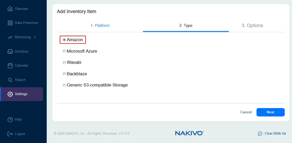 Selecting Amazon as the platform type
