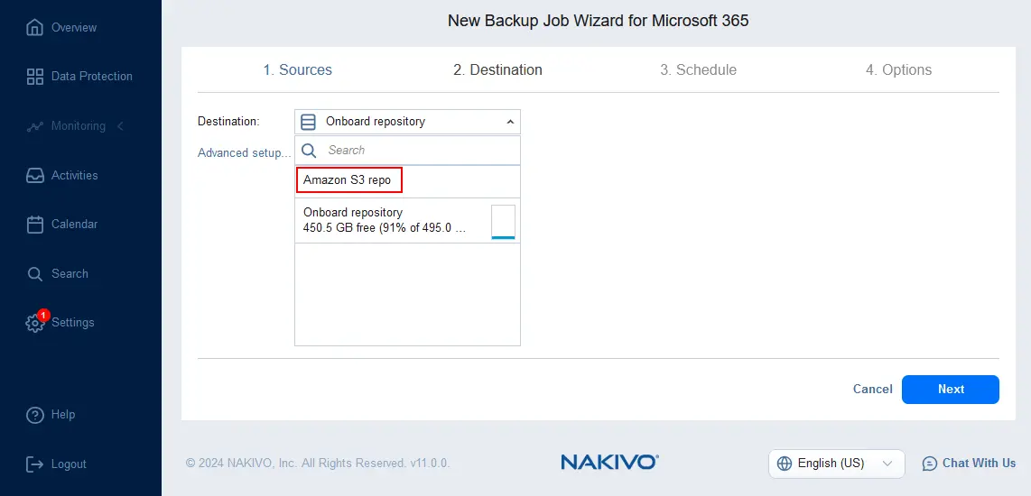 Selecting an Amazon S3 backup repository