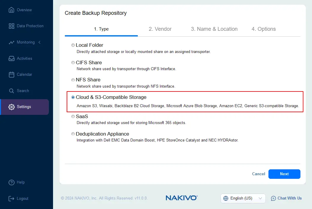 Selecting Cloud and S3-Compatible storage as the repository type