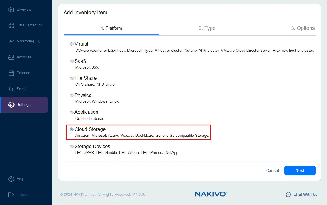 Selecting Cloud Storage to add AWS to the inventory