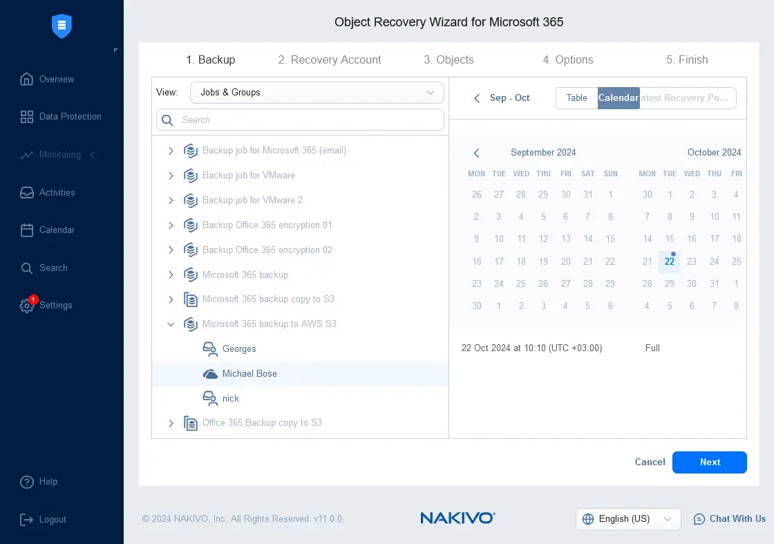 Selecting Microsoft 365 data to recover