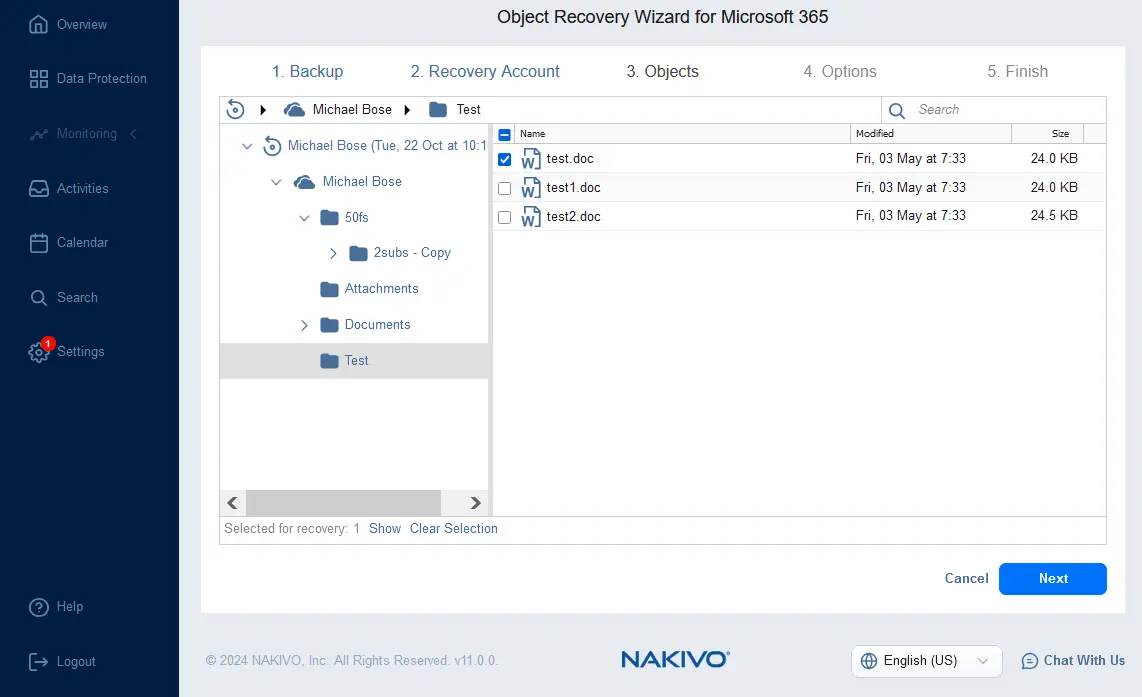 Selecting Microsoft 365 objects to recover