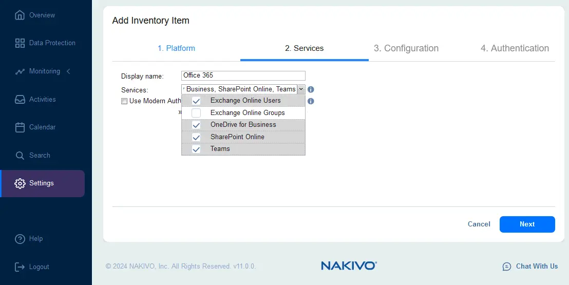 Selecting Microsoft 365 services to add for backup