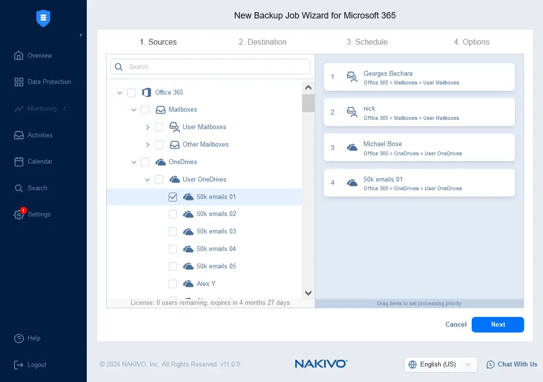 Selecting Microsoft 365 source data to back up