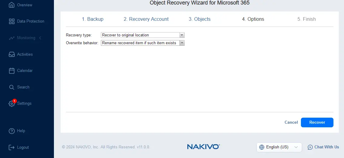 Selecting recovery type and overwrite behavior