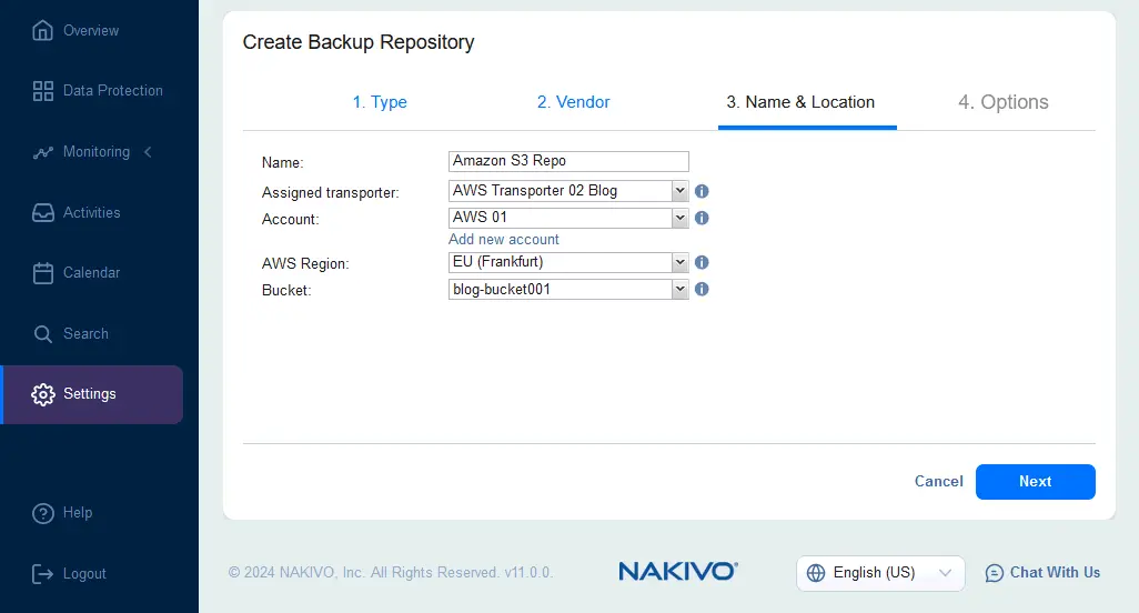 Setting a name and location for the backup repository