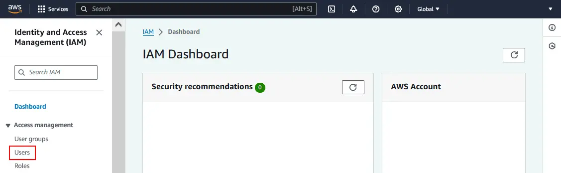 The IAM dashboard in AWS