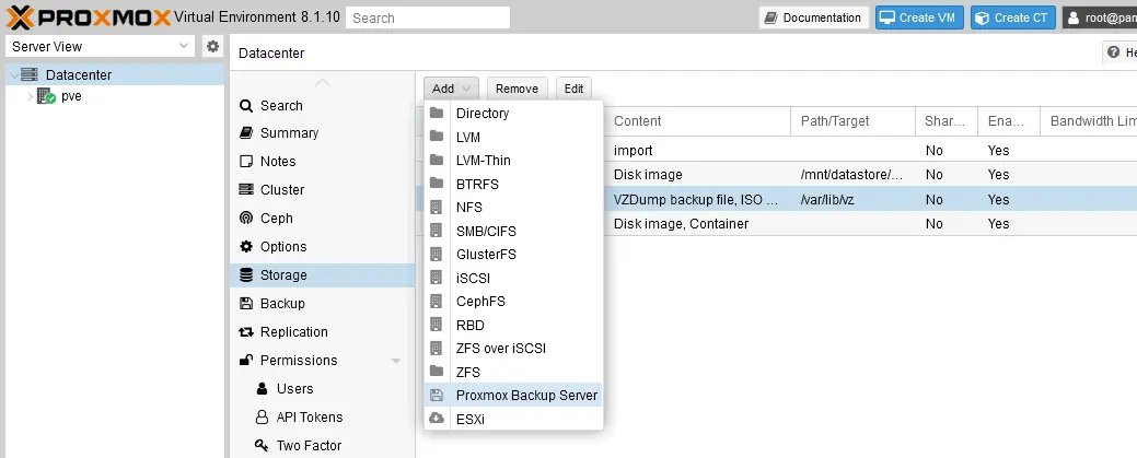 Adding a new backup location to the Proxmox storage configuration