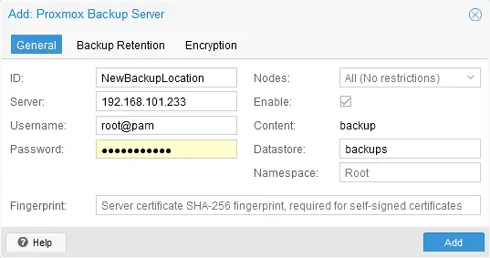 Adding a Proxmox backup server as a new backup location