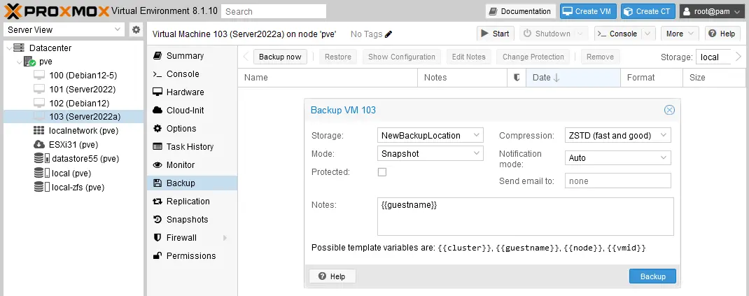 Backing up a VM to the new Proxmox VM backup location