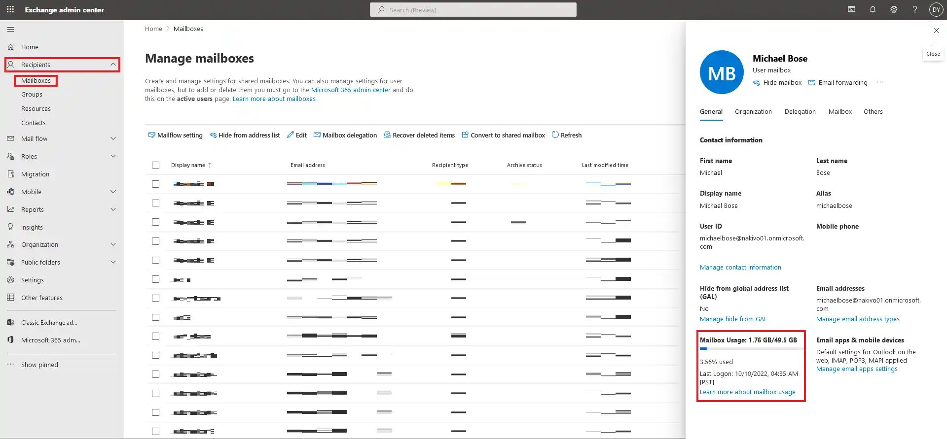 Checking Exchange Online mailbox size for an Office 365 user in the Admin center