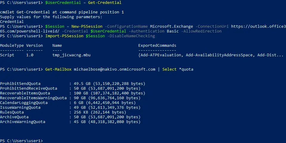 Checking Office 365 mailbox size quotas for a user in PowerShell
