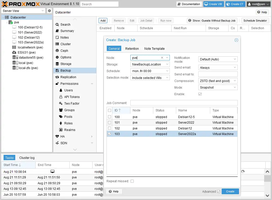 Configuring a schedule for Proxmox VM backup