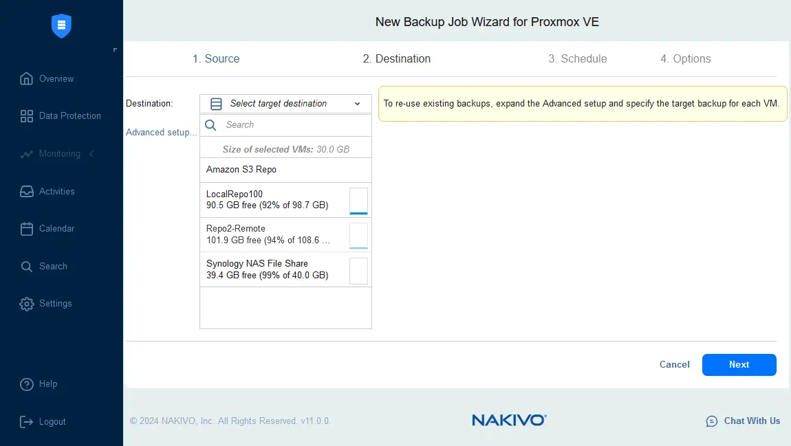 Selecting a Proxmox backup storage location for the backup job