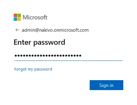 Entering the password of the Office 365 admin account