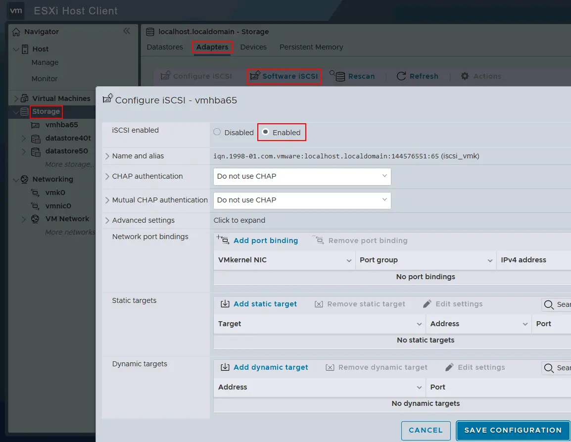 How to enable software iSCSI adapters on ESXi