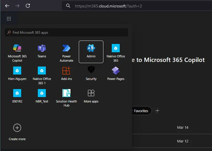 Opening the Microsoft 365 admin center in a web browser