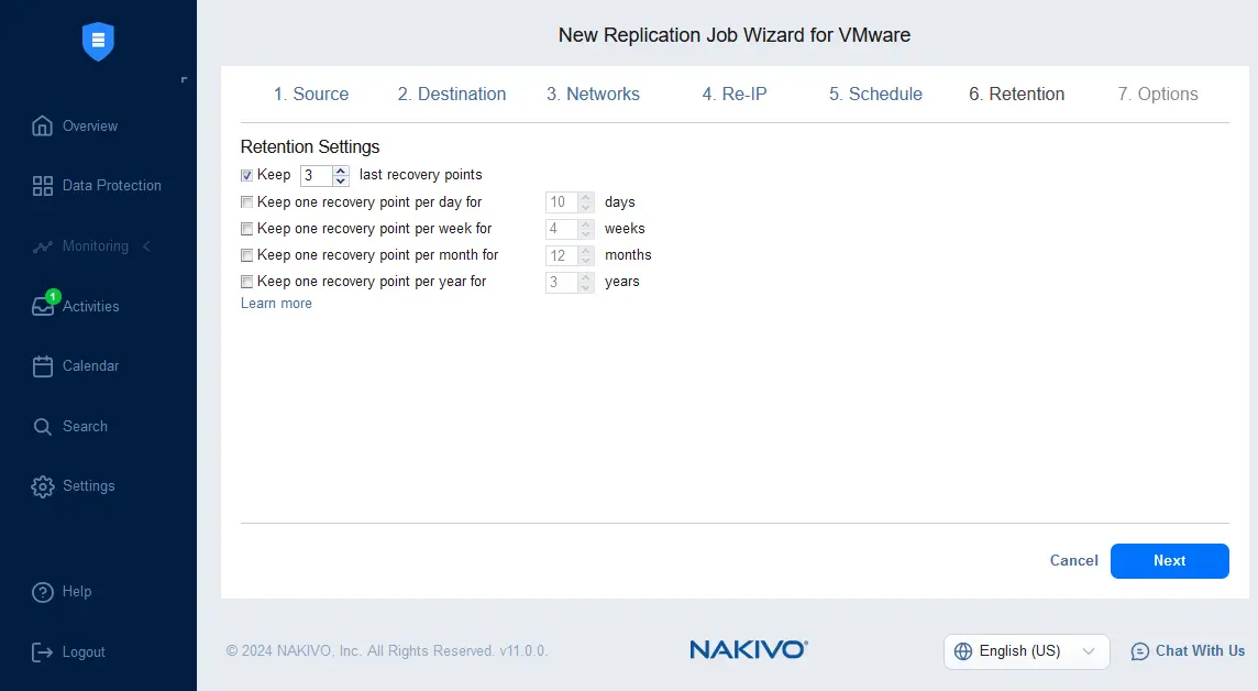 Retention settings for the VM replication job