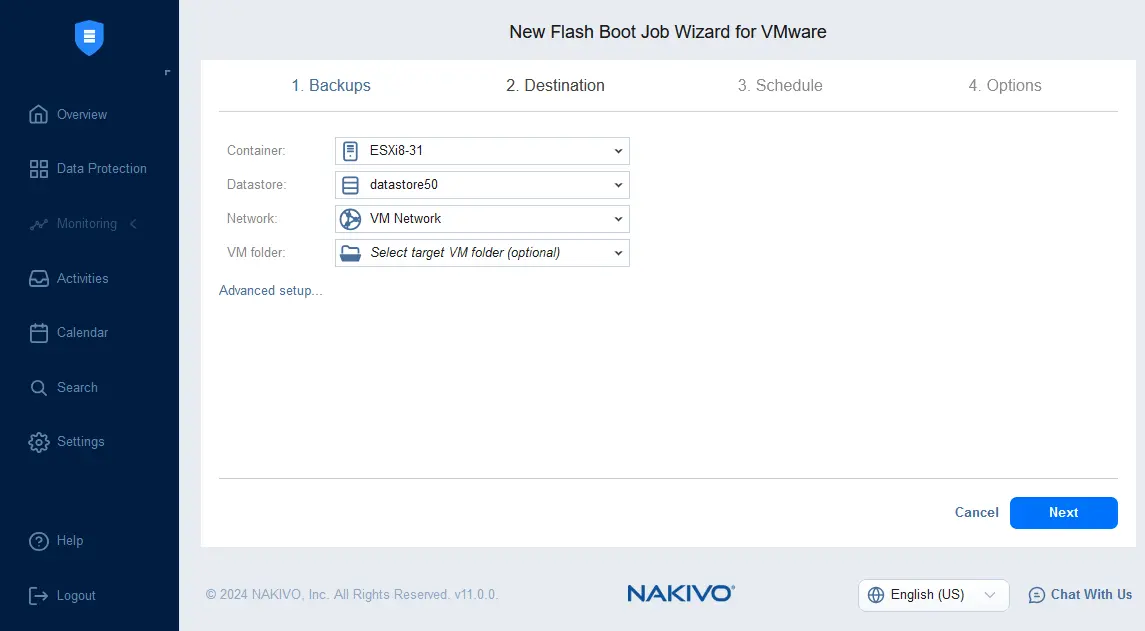 Selecting the destination for instant VM recovery