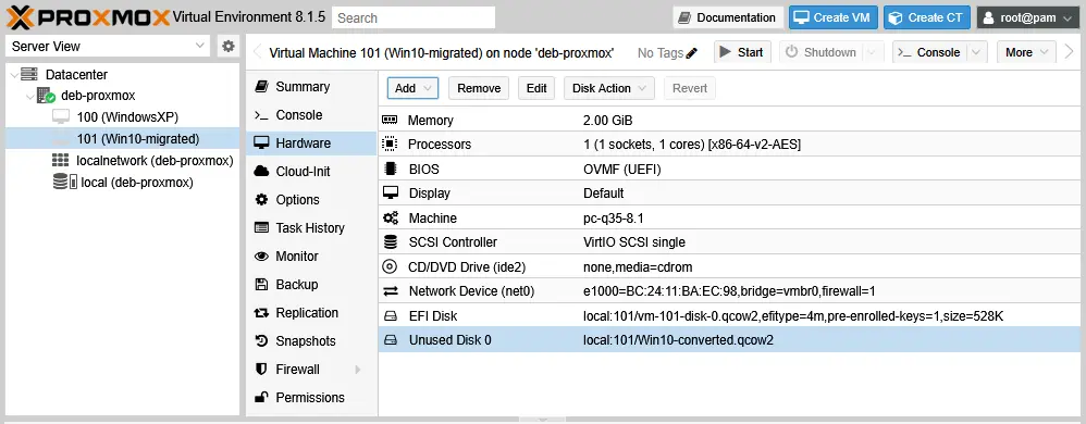 Attaching the converted virtual disk to the Proxmox VM