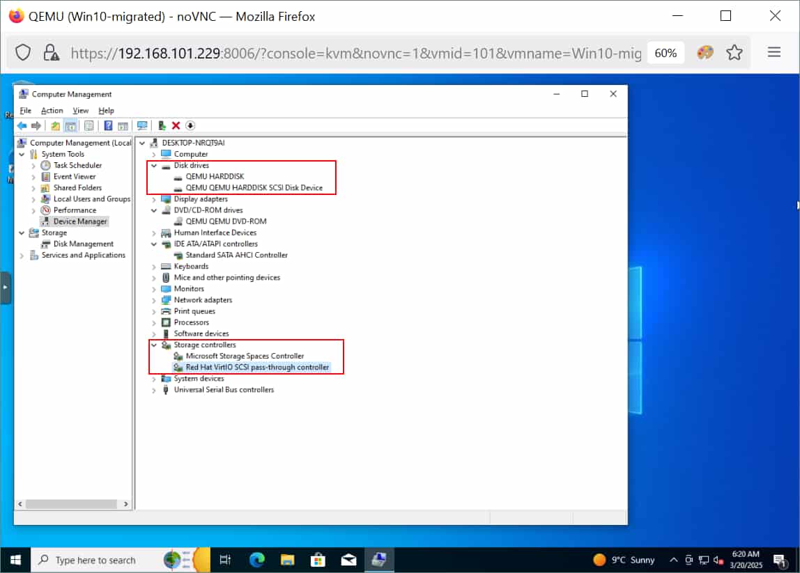 Checking virtual devices in the Windows guest OS