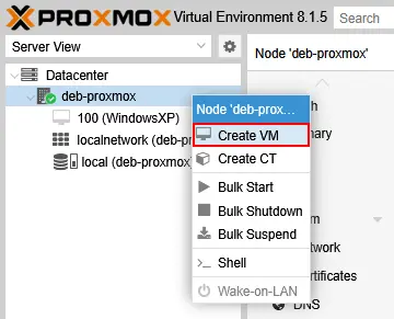 Creating a new VM on the Proxmox host