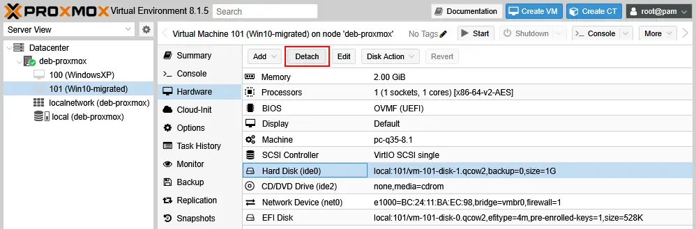 Detaching the 1-GB virtual disk from the new VM