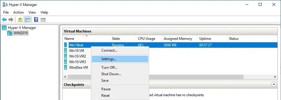 Opening the settings of the source VM in Hyper-V Manager