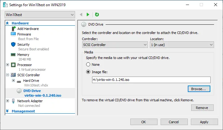 Selecting the ISO image file containing the VirtIO drivers