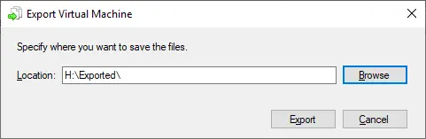 Specifying the export location of the Hyper-V VM