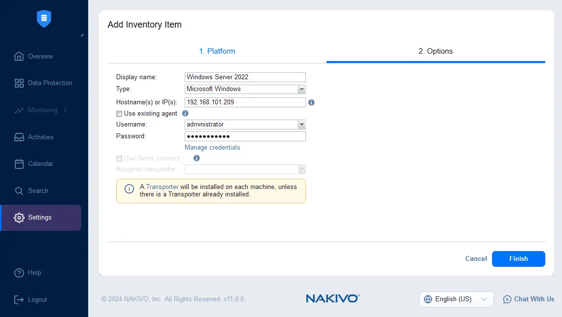 Specifying the options