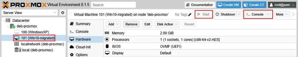Starting the VM and connecting to the VM console in Proxmox VE