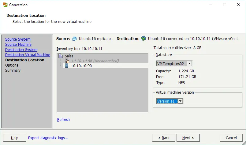 Setting the location for the destination VM