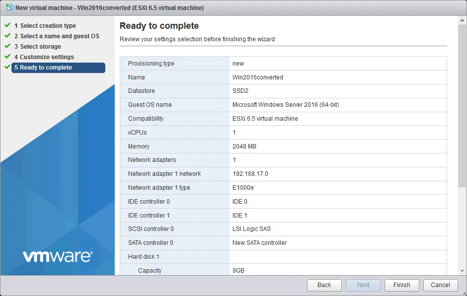 Checking the new VM configuration summary