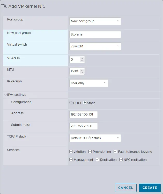 Configuration des options pour une nouvelle carte réseau VMkernel