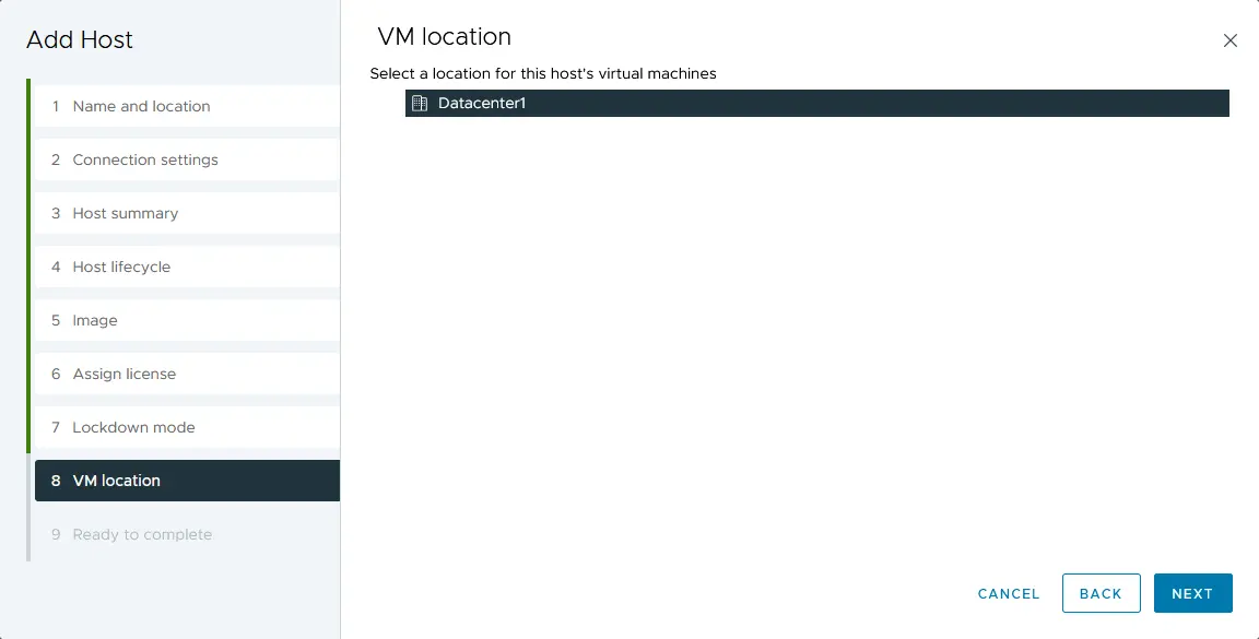 Sélection d'un emplacement de la VM